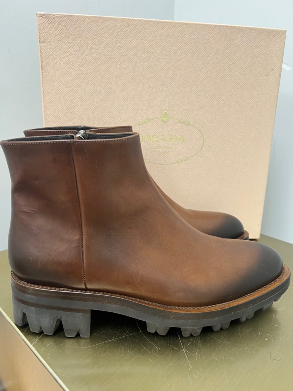Prada Brown Leather Chukka Boots with Lug Sole